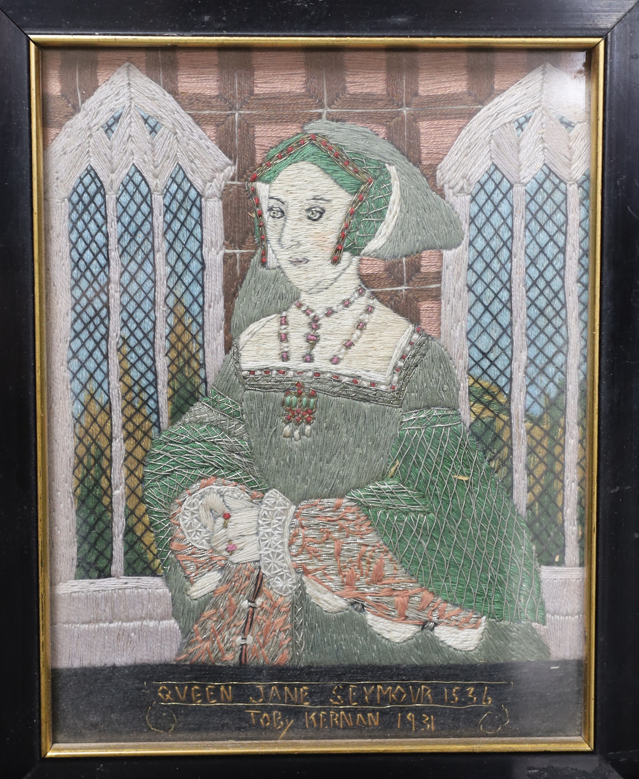 A set of four unusual framed portrait embroideries dated 1930-1931 by Toby Keenan of: Henry VIII, Queen Jane Seymour 1536, Sir Philip Sidney and a similar portrait of A Young Lady 1572, (4), largest 14cms wide x 19.5cm h